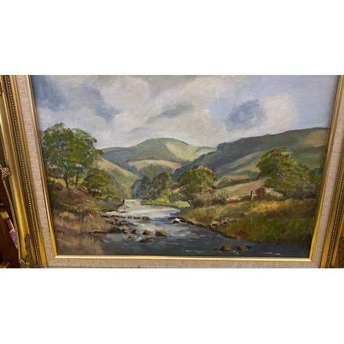 481 - Oil painting depicting a picturesque landscape with a river and rolling hills, 75cm x 60cm.