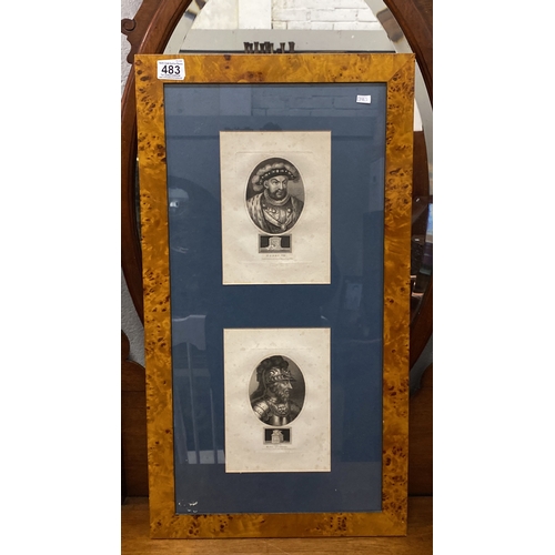 483 - Framed prints depicting historical figures King Stephen and Henry VIII, finely detailed with decorat... 