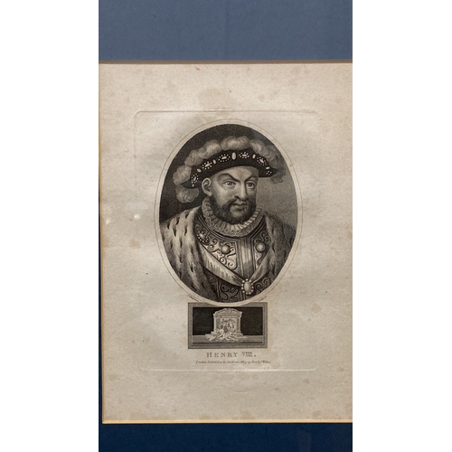 483 - Framed prints depicting historical figures King Stephen and Henry VIII, finely detailed with decorat... 