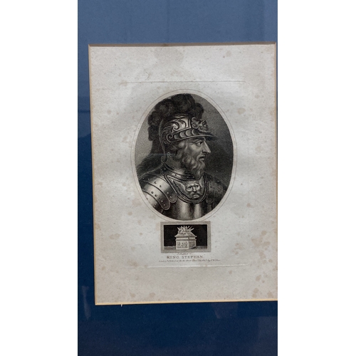 483 - Framed prints depicting historical figures King Stephen and Henry VIII, finely detailed with decorat... 