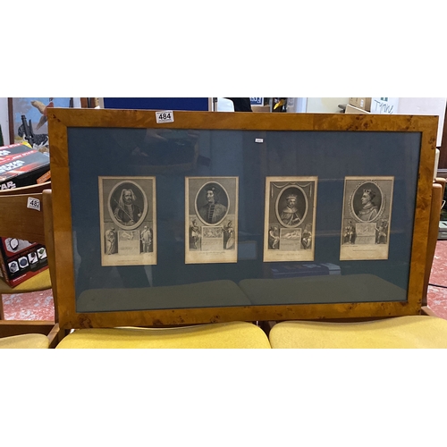 484 - Set of four framed 19th-century prints of English monarchs, 92cm x 52cm. Featuring detailed portrait... 