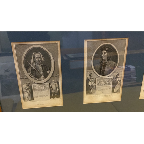 484 - Set of four framed 19th-century prints of English monarchs, 92cm x 52cm. Featuring detailed portrait... 