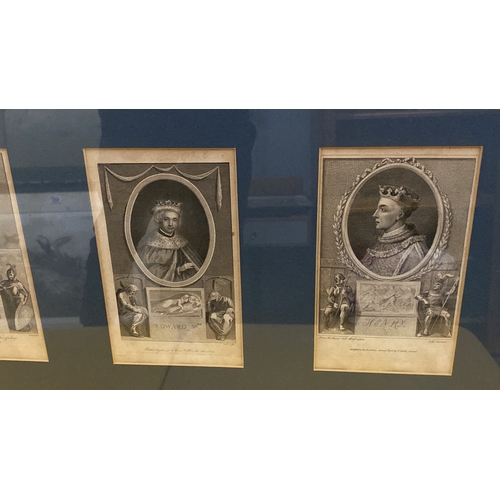 484 - Set of four framed 19th-century prints of English monarchs, 92cm x 52cm. Featuring detailed portrait... 