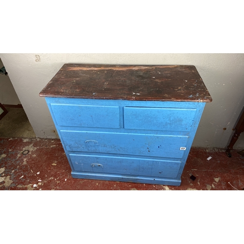 489 - Vintage blue wooden chest of drawers with three compartments. Rustic top contrasting against painted... 