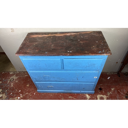 489 - Vintage blue wooden chest of drawers with three compartments. Rustic top contrasting against painted... 