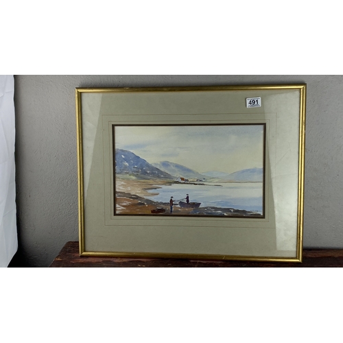 491 - Watercolour landscape by Eddie O'Neill, depicting a coastal scene with figures and boats. Signed by ... 