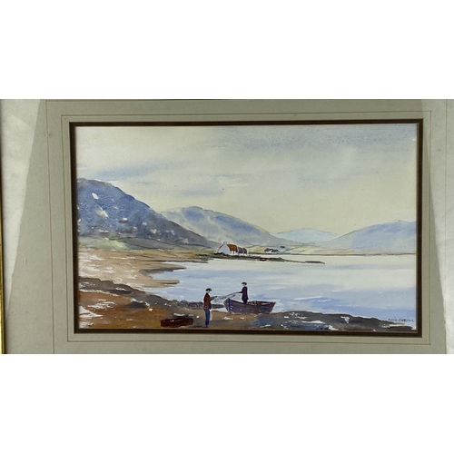 491 - Watercolour landscape by Eddie O'Neill, depicting a coastal scene with figures and boats. Signed by ... 