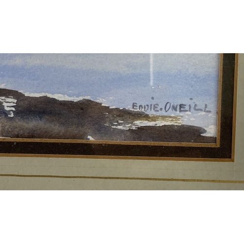 491 - Watercolour landscape by Eddie O'Neill, depicting a coastal scene with figures and boats. Signed by ... 