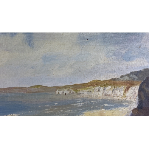 492 - Oil painting, coastal landscape showing White Rocks, Portrush, by P. C Adgey, 67cm x 37cm.