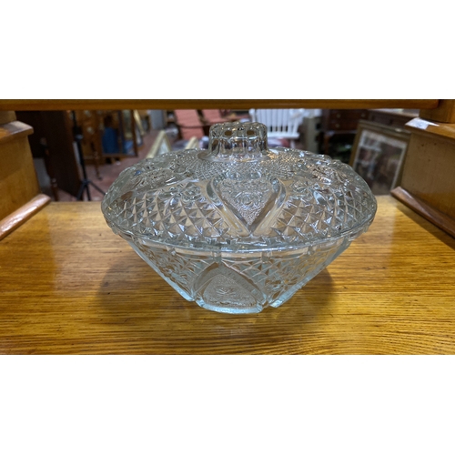 497 - Pressed glass candy dish, featuring intricate geometric and floral patterns from the mid-20th centur... 