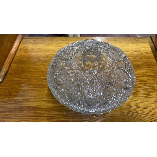 497 - Pressed glass candy dish, featuring intricate geometric and floral patterns from the mid-20th centur... 