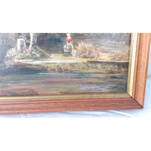 1 - An original oil painting depicts a watermill scene, signed by the artist.