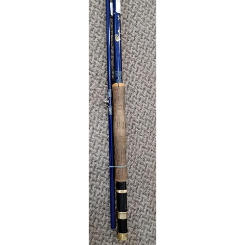 10 - Vintage Milbro blue two piece fly rod with cork handle and metal reel seat, featuring brass accents.