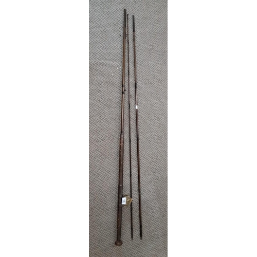 13 - Vintage Greenheart three piece wooden fishing rod. Features a vintage reel and intricate constructio... 