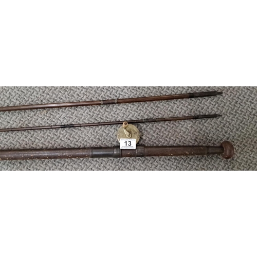 13 - Vintage Greenheart three piece wooden fishing rod. Features a vintage reel and intricate constructio... 