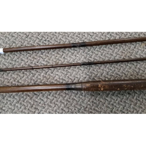 13 - Vintage Greenheart three piece wooden fishing rod. Features a vintage reel and intricate constructio... 