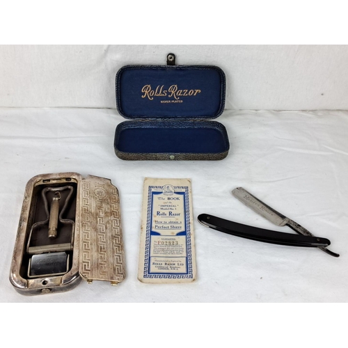 51 - Vintage shaving set includes a Mosley's Ringer straight razor and Rolls Razor kit in a silver-plated... 