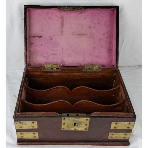 53 - Victorian wooden stationary box with brass accents and pink velvet interior, featuring divided compa... 