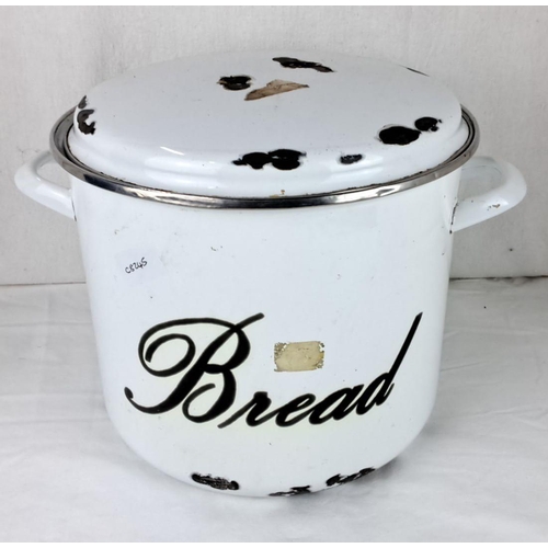 6 - Enamel bread bin with lid, featuring classic black script on white.