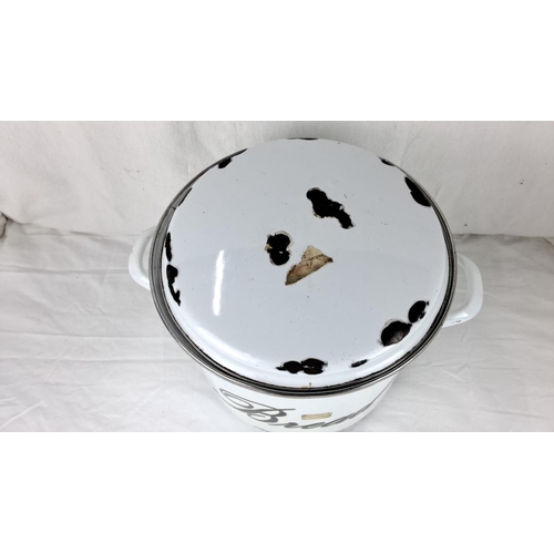 6 - Enamel bread bin with lid, featuring classic black script on white.