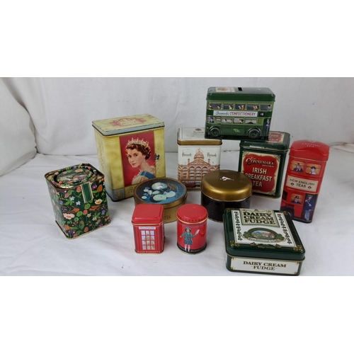 64 - Collection of 11 vintage decorative tins featuring various themes, including royal portraits, Harrod... 