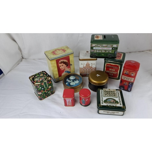 64 - Collection of 11 vintage decorative tins featuring various themes, including royal portraits, Harrod... 