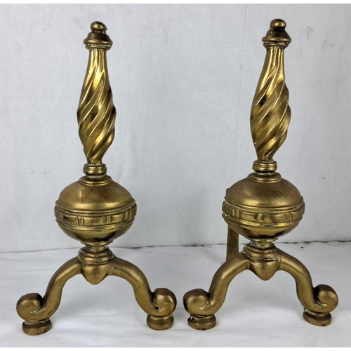 68 - Pair of antique brass andirons with twisted finial design.