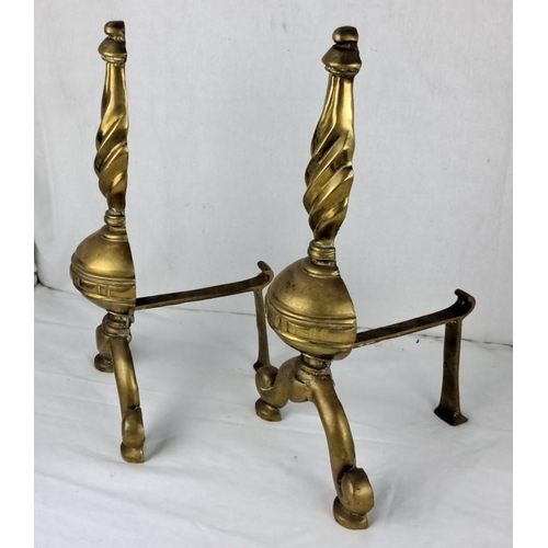 68 - Pair of antique brass andirons with twisted finial design.