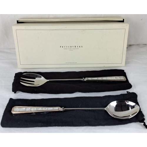 74 - Pottery Barn serving set with mother of pearl handles, stainless steel. Includes fork and spoon in o... 