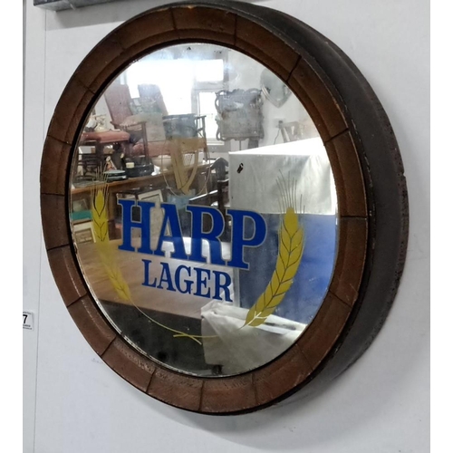 77 - Vintage Harp Lager advertising mirror with barrel effect frame, measures 14.5