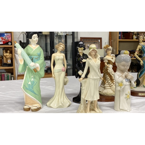 461 - Set of seven porcelain figurines depicting elegantly dressed women in various cultural and historica... 