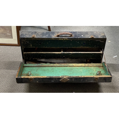 465 - Vintage wooden toolbox with assorted hand tools, including saws and chisels. Features initials 