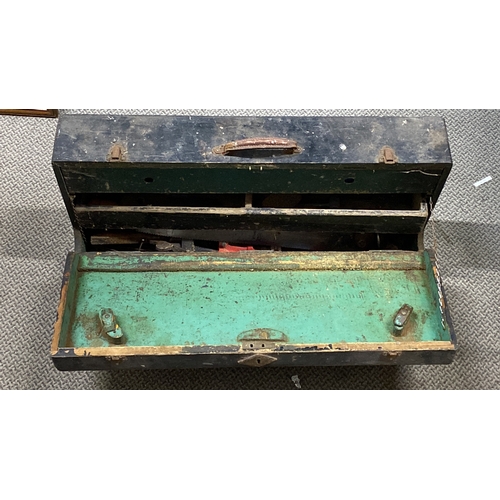 465 - Vintage wooden toolbox with assorted hand tools, including saws and chisels. Features initials 