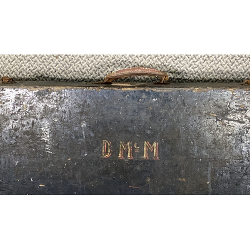 465 - Vintage wooden toolbox with assorted hand tools, including saws and chisels. Features initials 