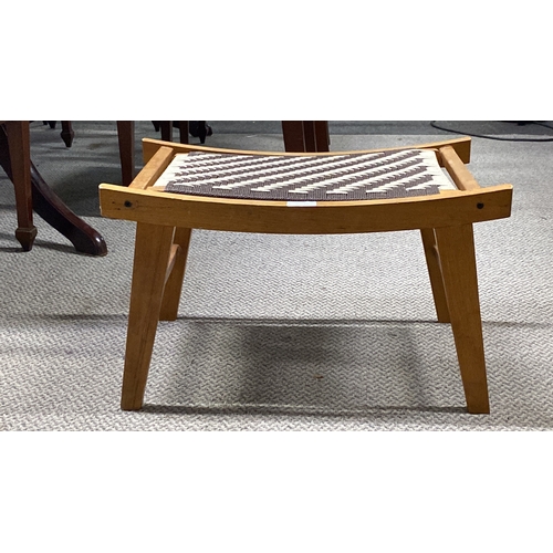 467 - Mid-Century Modern stool with woven geometric seat and light wood frame, showcasing clean lines and ... 