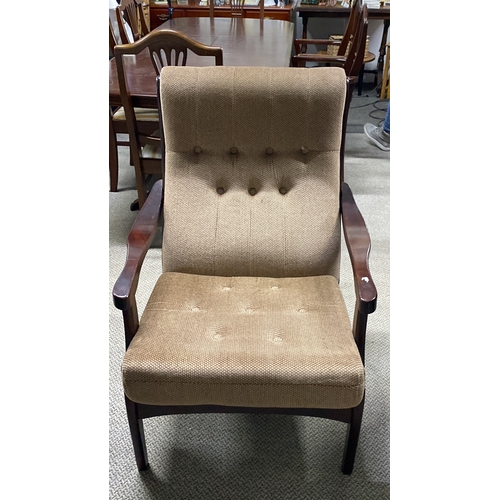 471 - Mid-Century Modern lounge chair with brown fabric upholstery and dark wood armrests, featuring a tuf... 