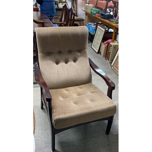 471 - Mid-Century Modern lounge chair with brown fabric upholstery and dark wood armrests, featuring a tuf... 