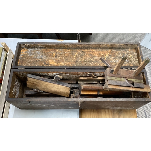 484 - Wooden tool chest containing vintage woodworking planes. Sturdy oak construction. From the late 19th... 