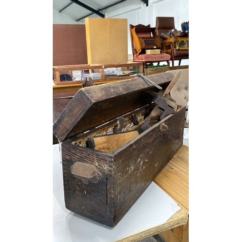 484 - Wooden tool chest containing vintage woodworking planes. Sturdy oak construction. From the late 19th... 