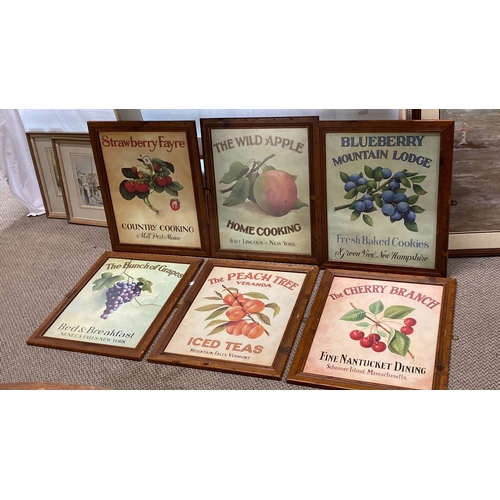 489 - Set of 6 vintage-style fruit advertising prints in wooden frames includes “The Peach Tree Veranda,” ... 