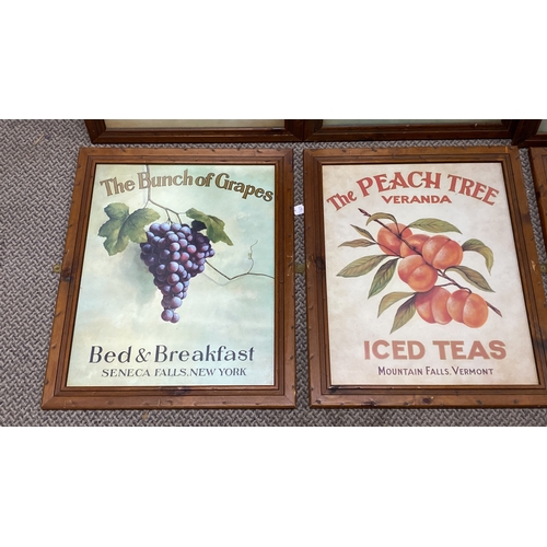 489 - Set of 6 vintage-style fruit advertising prints in wooden frames includes “The Peach Tree Veranda,” ... 