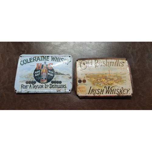 449 - Vintage Irish whiskey advertising tins, featuring Bushmills and Coleraine brands. Feature colorful g... 