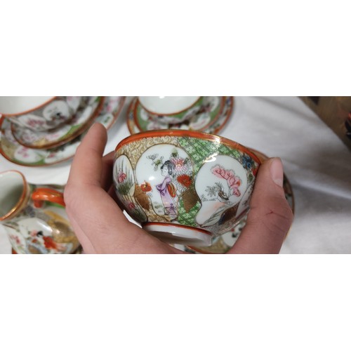 468 - Vintage Japanese Kutani porcelain teacup set featuring intricate Geisha and floral motifs with vibra... 