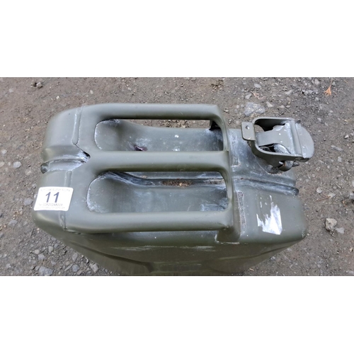 11 - Metal jerry can with dual handles and a secure spout closure.