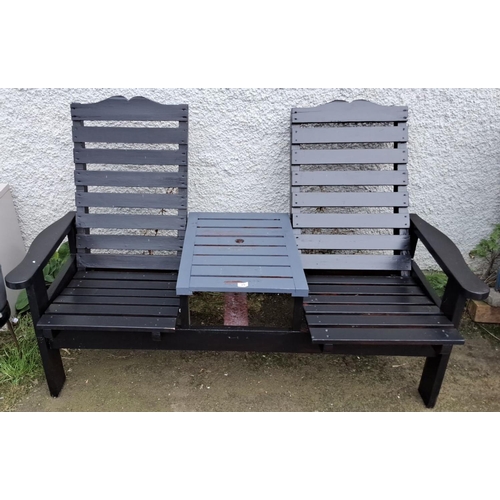 35 - Wooden two-seat garden bench with central table. It features sturdy construction with slatted back a... 