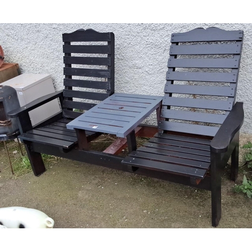 35 - Wooden two-seat garden bench with central table. It features sturdy construction with slatted back a... 