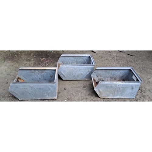 47 - Set of three galvanized steel industrial bins, stamped with patent details.