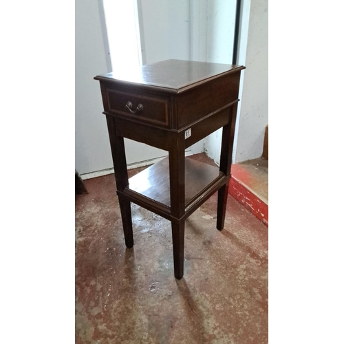 61 - Antique mahogany inlay plantstand/lamp table with two drawers and undershelf.