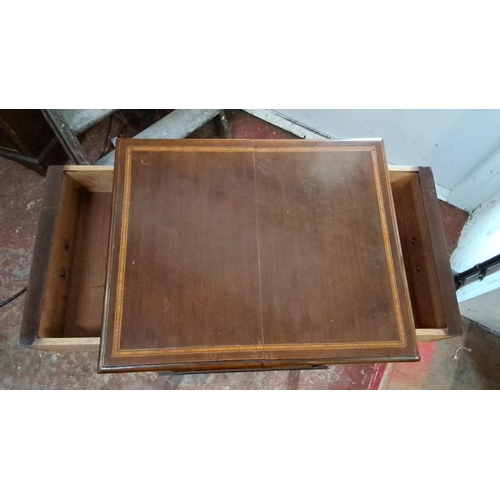 61 - Antique mahogany inlay plantstand/lamp table with two drawers and undershelf.