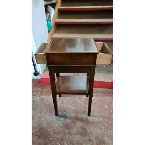 61 - Antique mahogany inlay plantstand/lamp table with two drawers and undershelf.